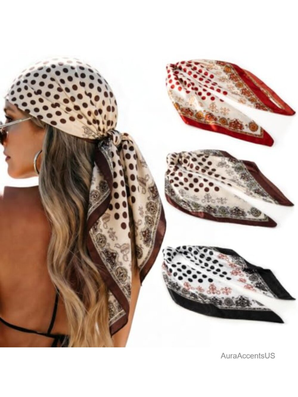 3 PCS Satin Polka Dot Head Scarves for Women Silk Feel Hair Scarf
